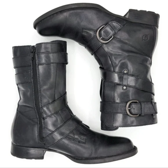 Born Alamid Black Leather Straps & Buckles Calf-High Lug Sole Moto Style Boots - Picture 7 of 12